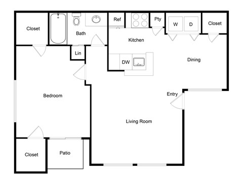 Floor plan for 1 bed, 1 bath, 668 sqft